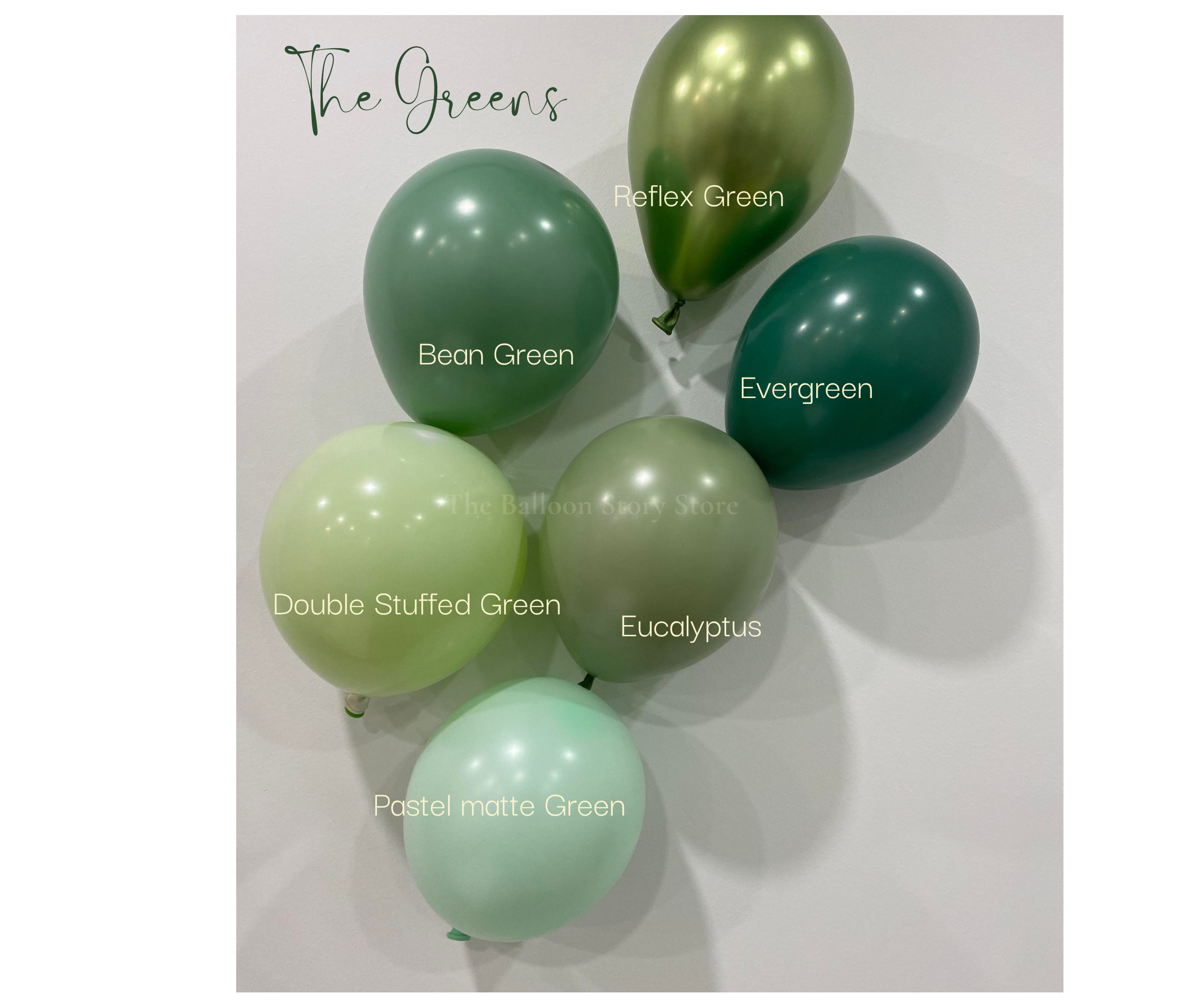 Eucalyptus,Sage, Evergreen, Paste; Green, Double stuffed and Bean Green Balloons