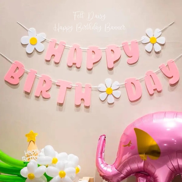 Daisy Felt Happy Birthday Banner Pink Happy Birthday Banner Daisy Themed Banner Felt Birthday Banner