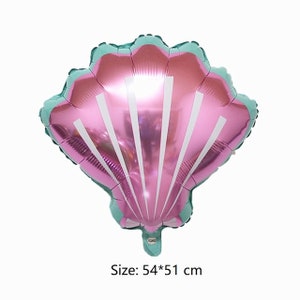 May include: A pink and green foil balloon shaped like a seashell with white stripes. Size: 54*51 cm.