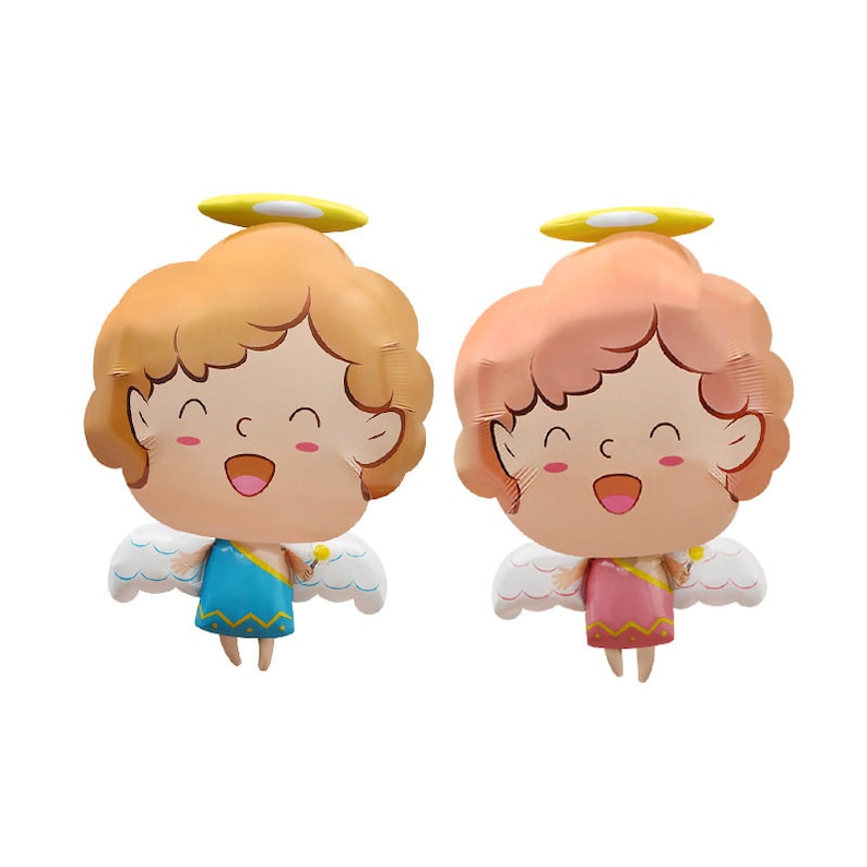 May include: Two cartoon angel balloons, one with blue wings and a blue dress, the other with pink wings and a pink dress.