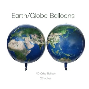 May include: Two blue and green 4D orbs balloons, each depicting a globe of the Earth. The balloons are 22 inches in diameter and are ready to be inflated.