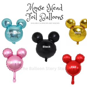 May include: Five mouse head shaped foil balloons in different colours: light blue, black, gold, light pink, and red. The balloons are available in 26 inches and 16 inches.