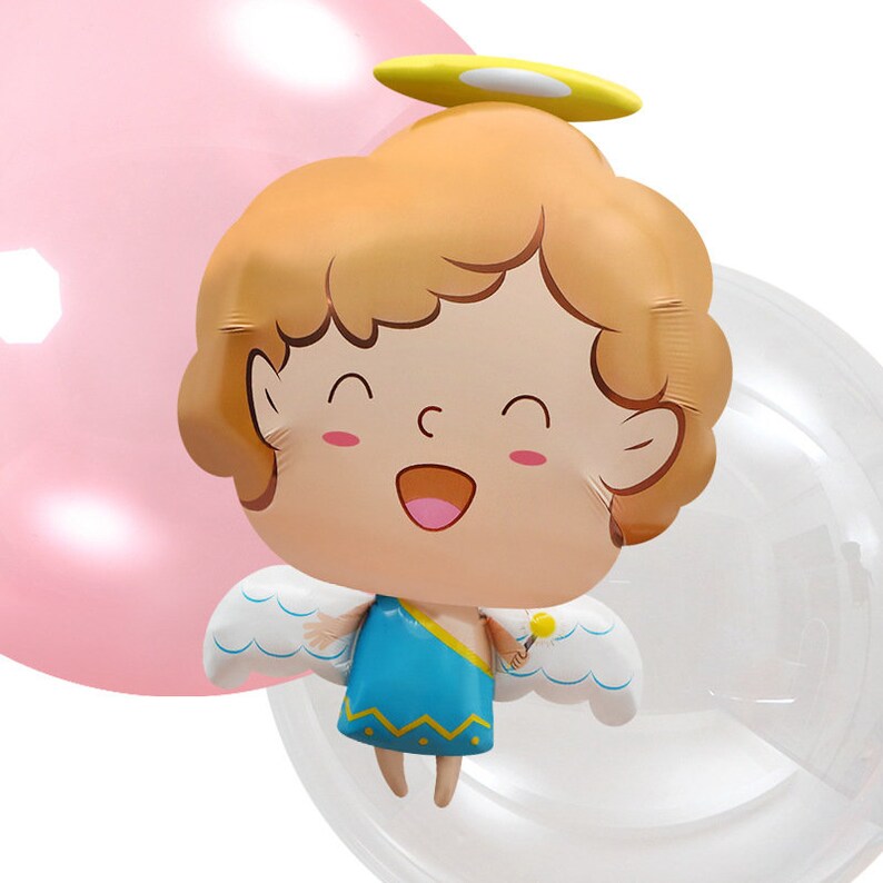 May include: A clear balloon with a small angel inside. The angel is yellow, blue, and white with a halo and wings. The angel is smiling and has a wand in its hand.