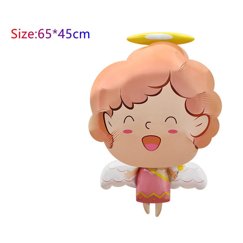 May include: A pink and yellow angel balloon with a halo, wings, and a smiling face. The balloon is 65 cm by 45 cm.