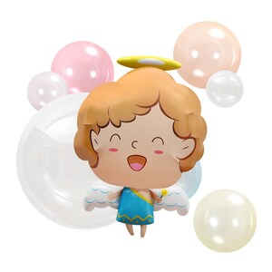 May include: A cheerful cartoon angel balloon with a yellow halo, blue dress, and white wings. The balloon is surrounded by clear and pink balloons.