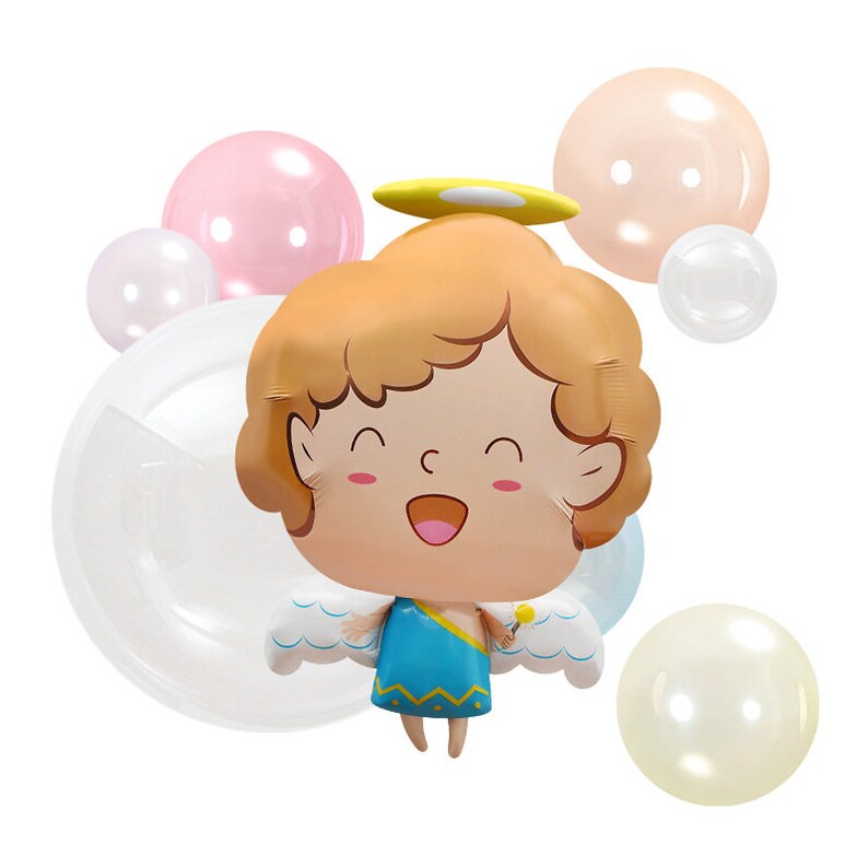 May include: A cheerful cartoon angel balloon with a yellow halo, blue dress, and white wings. The balloon is surrounded by clear and pink balloons.