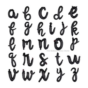 May include: Black balloon letters of the alphabet in a cursive font. The letters are arranged in rows, starting with "a" and ending with "z".