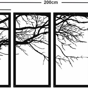 May include: Four black metal wall panels with a silhouette of bare branches, each panel measuring 50 inches by 100 inches, and the entire set measuring 200 inches wide.