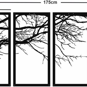 May include: Four black metal panels with a silhouette of bare tree branches. Each panel measures 44 inches wide and 88 inches tall. The panels are arranged horizontally, creating a 175-inch wide wall decor piece.