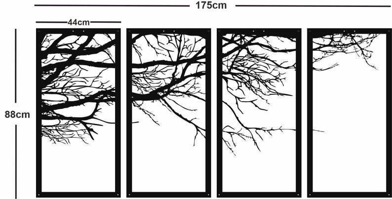 May include: Four black metal panels with a silhouette of bare tree branches. Each panel measures 44 inches wide and 88 inches tall. The panels are arranged horizontally, creating a 175-inch wide wall decor piece.