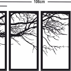 May include: A set of four black metal wall panels with a silhouette design of bare tree branches. The panels are 25 inches wide and 50 inches tall, and the set is 106 inches wide.