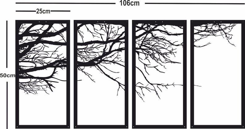 May include: A set of four black metal wall panels with a silhouette design of bare tree branches. The panels are 25 inches wide and 50 inches tall, and the set is 106 inches wide.