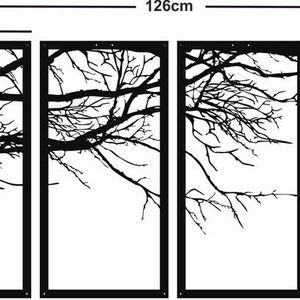May include: Four black metal panels with a silhouette of bare tree branches, each panel measuring 30 inches wide and 60 inches tall, arranged horizontally to create a 126-inch wide decorative wall art piece.