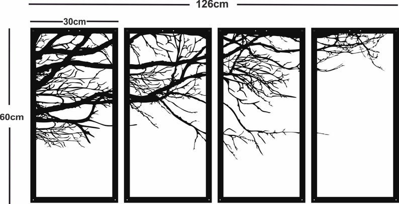 May include: Four black metal panels with a silhouette of bare tree branches, each panel measuring 30 inches wide and 60 inches tall, arranged horizontally to create a 126-inch wide decorative wall art piece.