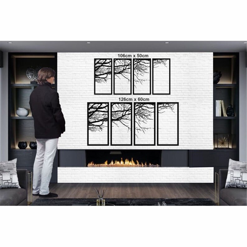 May include: A set of six black metal wall art panels featuring a silhouette of tree branches. The panels are arranged in two rows of three, with the top row measuring 106cm x 50cm and the bottom row measuring 126cm x 60cm.