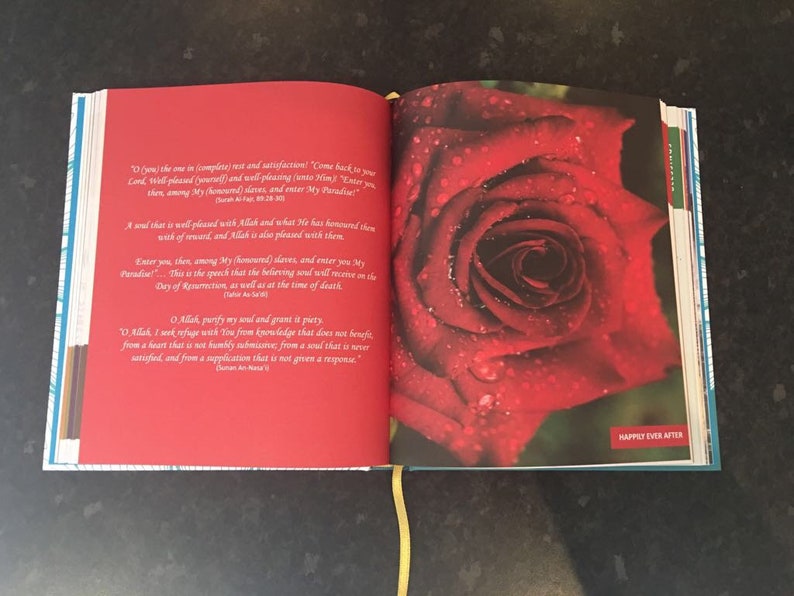 May include: An open book with red pages and a vibrant red rose on the right side. The rose has water droplets on its petals. Text is visible on the left page, and the words "HAPPILY EVER AFTER" are printed on the bottom right.