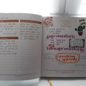 May include: Open notebook with handwritten notes and illustrations. The text includes the date, reflections, and key phrases like "Purify My Heart With Its Lessons" and "Receiving Quran." The notebook has a blue and white patterned cover.