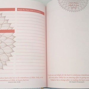 May include: Open journal pages with lined paper and floral design elements. Text includes "Purify My Heart With Its Lessons" and "Inner Peace, Make it your priority." Quotes from the Quran and Ibn Qayyim Al-Jawziyyah are also present.