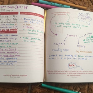 May include: Open notebook with handwritten notes and diagrams. The text includes Arabic script, English translations, and bullet points on gratitude and Islamic teachings. Colored pens highlight key points.