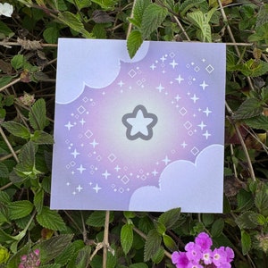 May include: A purple and white gradient background with a white star in the center surrounded by white stars and diamonds. The background has a cloud-like design.