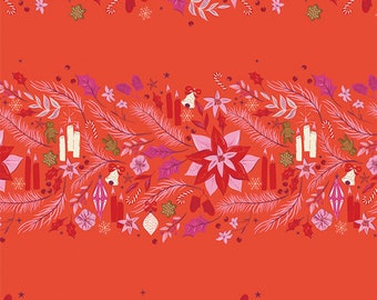 May include: A festive pattern on a bright orange background featuring repeating horizontal bands of holiday motifs including red poinsettias, white candles, gingerbread figures, candy canes, holly leaves, bells, and pink ornaments.