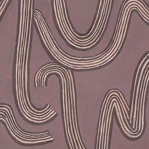 May include: Abstract artwork featuring a pattern of curved, striped lines in shades of beige and brown against a muted purple background. The lines vary in thickness and direction, creating a dynamic and textured visual effect. The artwork has a modern, minimalist aesthetic.