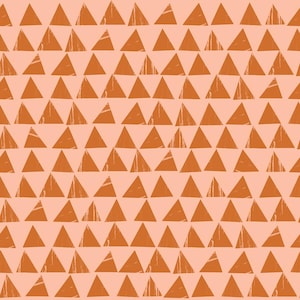 May include: A seamless pattern of orange triangles on a light pink background. The triangles are arranged in a staggered pattern, creating a geometric design.