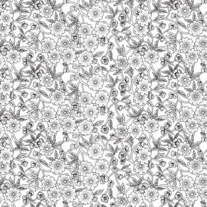 May include: A repeating textile pattern featuring black line art illustrations of various flowers and leaves on a stark white background. The design showcases dense clusters of blossoms, buds, and foliage interconnected by thin, winding stems.