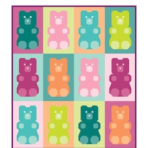 May include: A quilt featuring a grid of twelve stylized gummy bear shapes in various colors including pink, orange, green, and blue. The text Gummy Buddies Quilt is at the top, followed by size options, and the Taren Studios logo at the bottom.