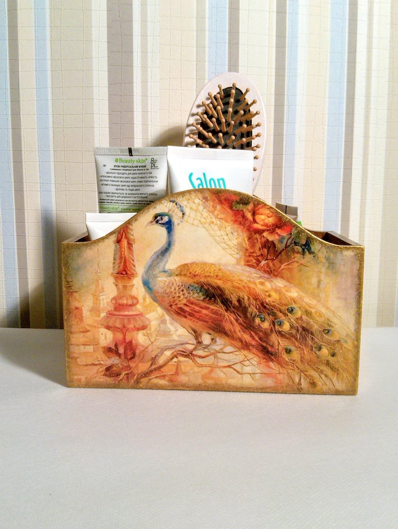 Makeup Organizer Wooden Peacock Feng Shui Decoupage Desk Etsy