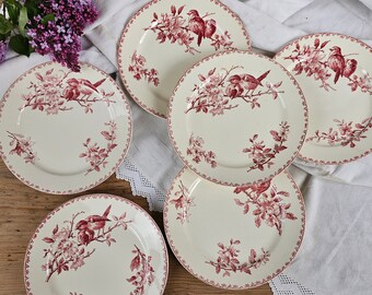 Sarreguemines | Assiettes plates "Favori" rose, oiseaux, terre de fer