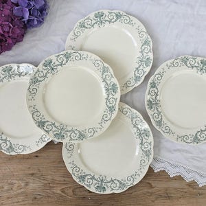 Longchamp | Assiettes plates anciennes x5, beige et vert, terre de fer, ironstone
