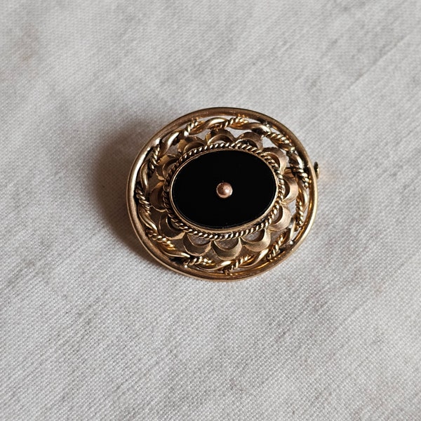 Broche ancienne en plaqué or et onyx, style victorien, années 40 vintage, brooch