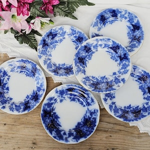 Sarreguemines | Antique dessert plates x6 &quot;Bryonia&quot; in Iron Earth, flow blue, tableware, Napoleon III
