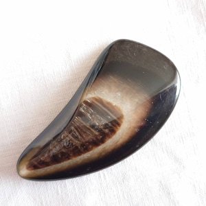 May include: A black and brown horn hair comb with a curved shape.