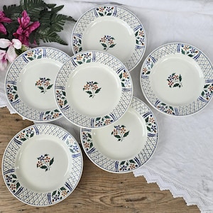 Gien | Antique dinner plates x6, with stenciled flower decoration, Terre De Fer