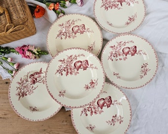 Sarreguemines | Assiettes creuses x6 "Favori" rose, oiseaux, terre de fer, ironstone