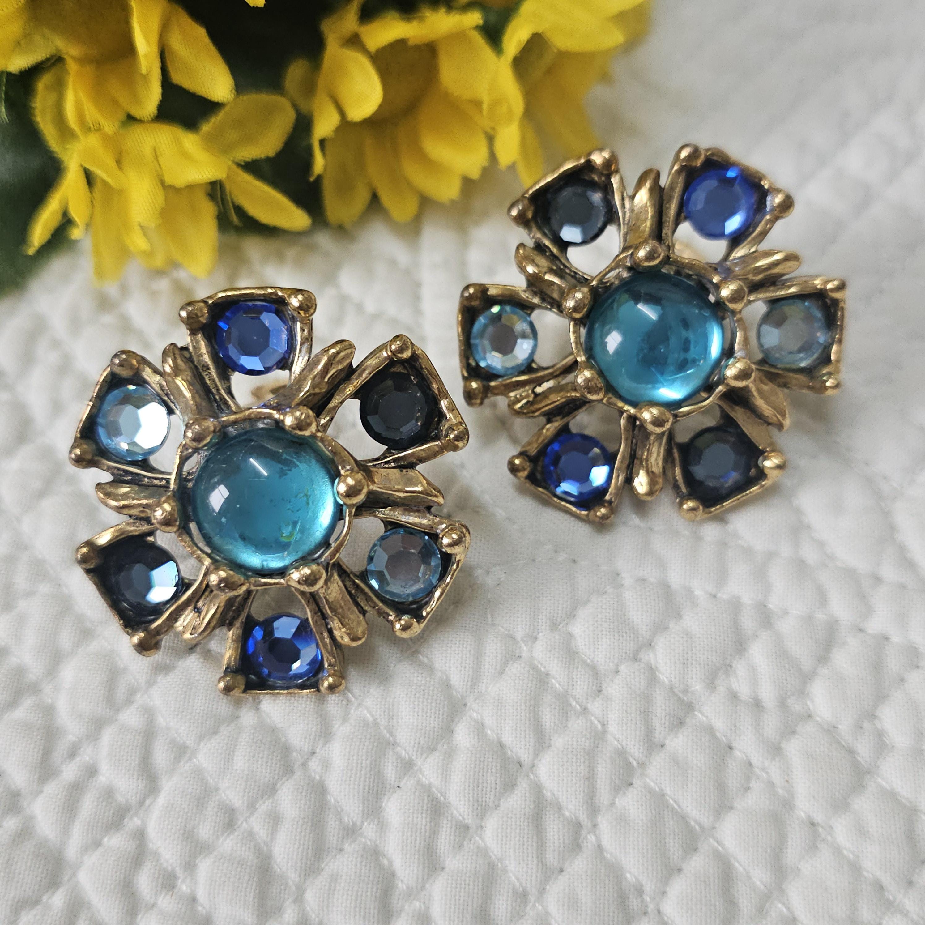 Boucles D'oreilles Vintage En Résine Et Métal Doré 24 Carats - Marque Vintage Couture - Occasion