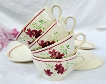 Badonviller | Alte Tassen und Untertassen mit Blumendekor x4, Frankreich, Vintage, Kaffeeservice, Tee