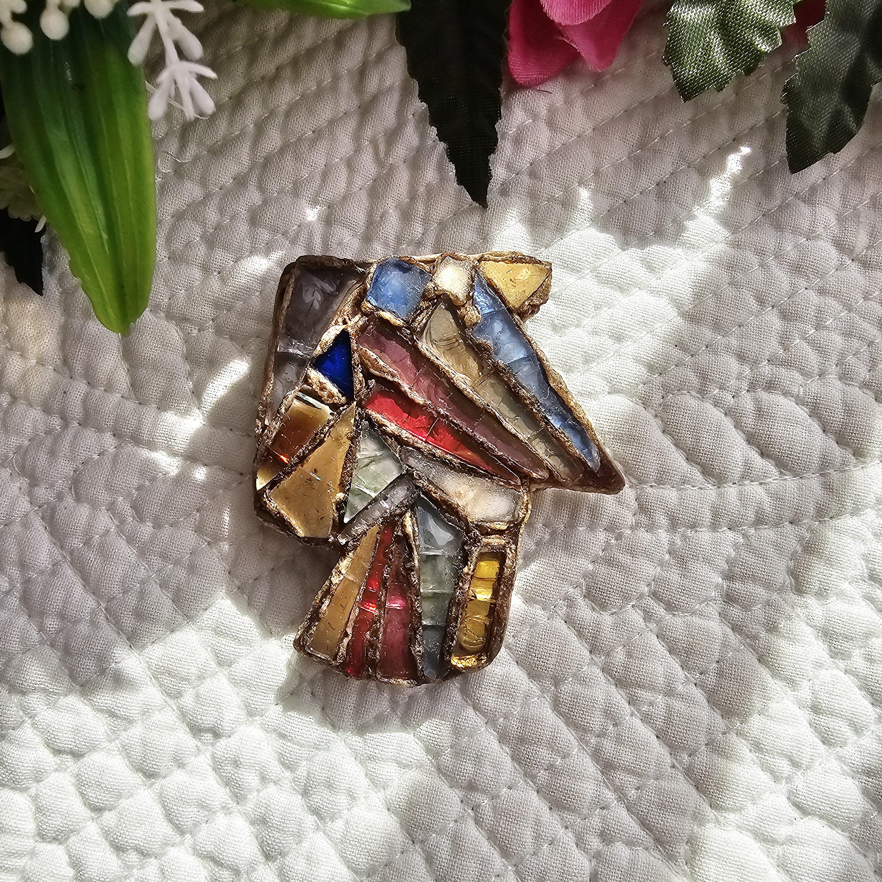 Broche Vintage Henry Perrichon Décor Abstrait - Signée, Résine & Strass, Bronze Doré