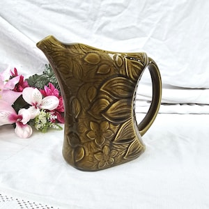 Sarreguemines | Antique pitcher x1 in fine earthenware, slip, majolica, sun, sunflower, khaki green, jug, Terre De Fer