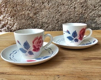 DIGOIN | Tasses et sous-tasses "Roses" x2, France, vintage, service à café, Sarreguemines