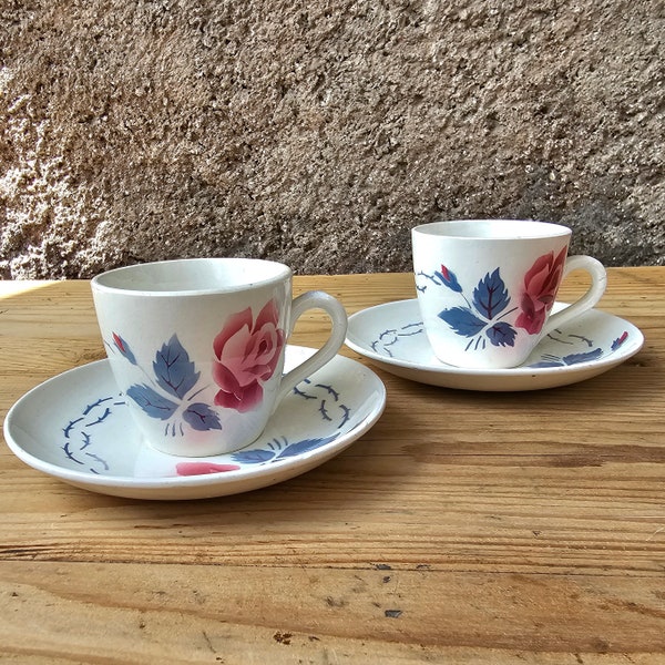 DIGOIN | Tasses et sous-tasses "Roses" x2, France, vintage, service à café, Sarreguemines