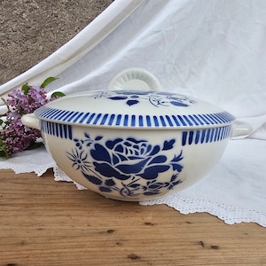 Lunéville | Antique &quot;Evian&quot; soup tureen, blue rose, vintage