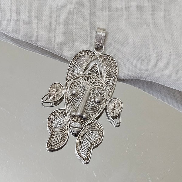 Pendentif visage vintage en argent filigrane, ethnique, tribal, masque africain