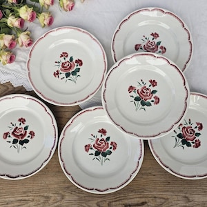 Badonviller | Antique dinner plates x6, red and pink flowers, vintage