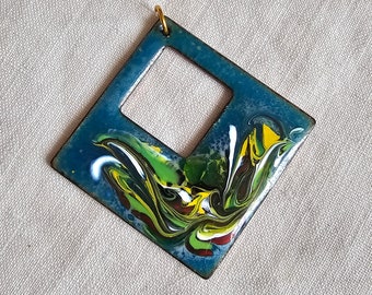 Square pendant in blue and green enameled copper