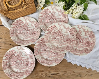 Lunéville | Assiettes plates "English Style" rose, campagne anglaise, chevaux