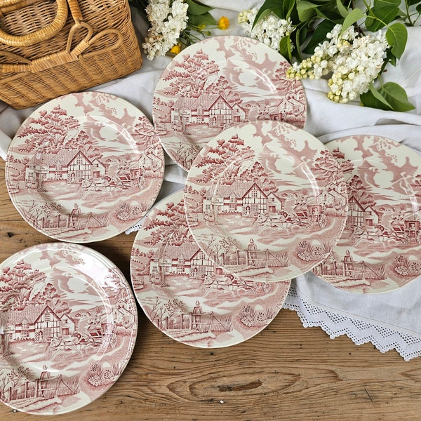 Lunéville | Assiettes plates "English Style" rose, campagne anglaise, chevaux