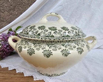 Badonviller | Soupière ancienne "Trèfle", décor vert en frise, Théophile Fenal, terre de fer, vintage, ironstone